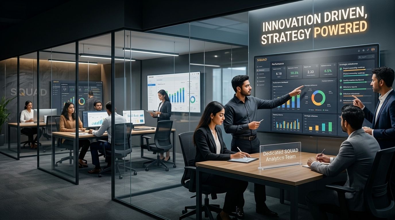 A Squad analytics team reviewing performance dashboards in a glass-walled office